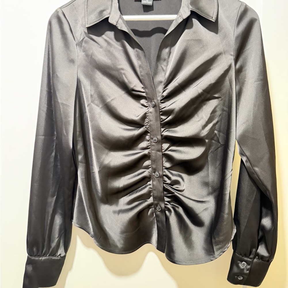 Sanctuary Black Satin Ruched Button-Front Blouse